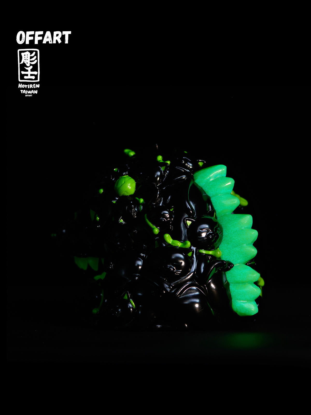 OFFART Godzilla Hundred Cats Red Lotus Mini Fortune Head Sculpture - Ink Emerald Night - Dark Series Ⅱ Limited