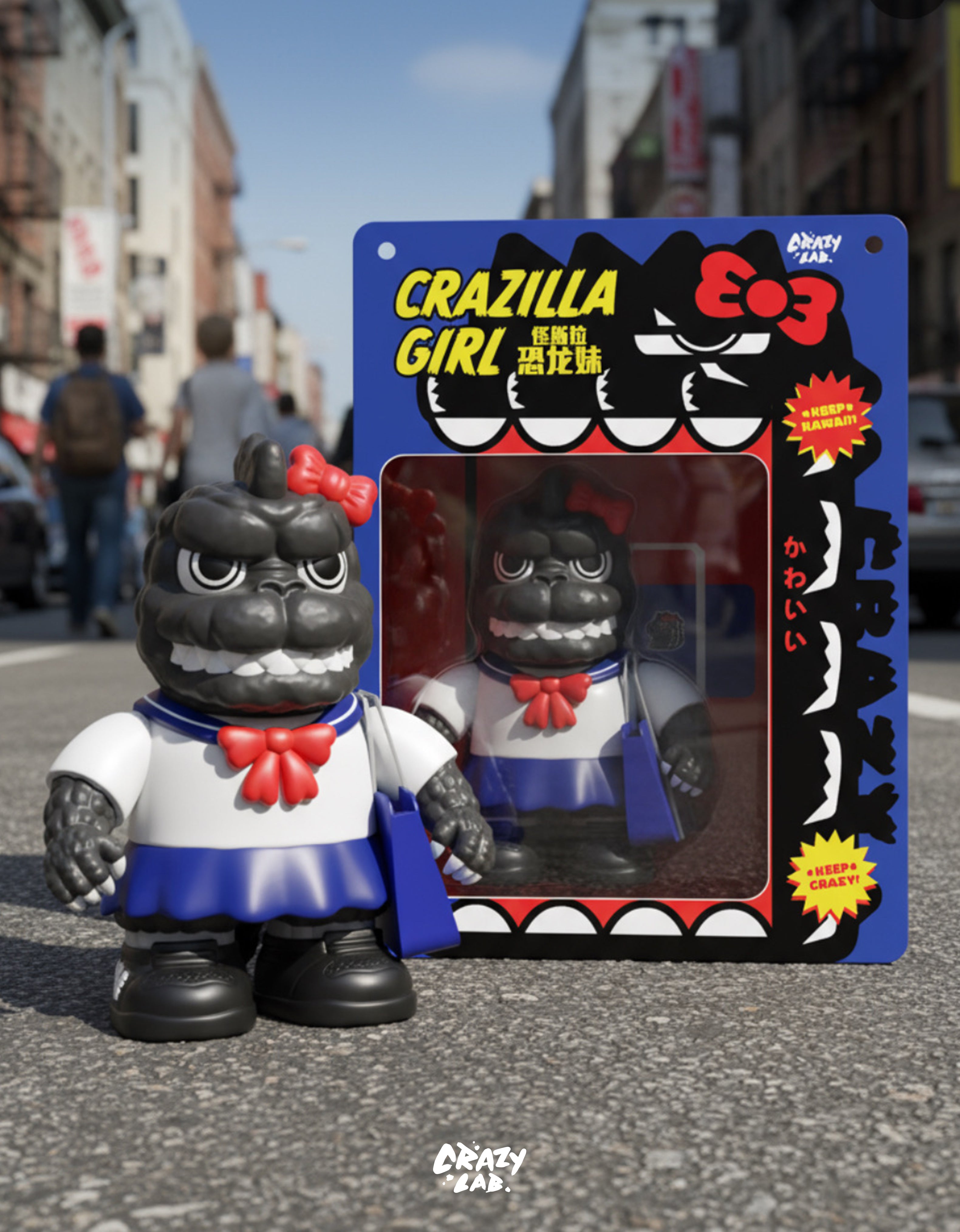ミニ・クレイジラ・ガール　制服　フィギュア　怪獣　ソフビ　モンスター　アートトイ Crazilla Girl Cute Godzilla Designer Toy Figurine - OFFART X James