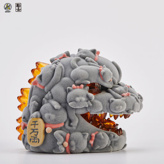 OFFART Red Flame Hundred Cats Flocked Mini Fortune Head Statue